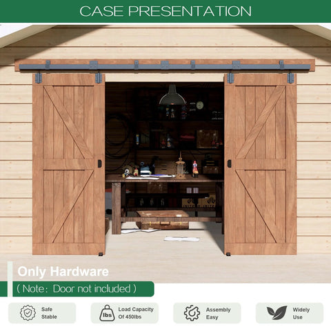 Heavy Duty 8 Ft Exterior Sliding Barn Door Hardware Kit Black Box Rail Track System For Double Doors, Wall Mounted
