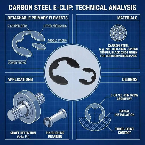 Technical analysis of 8mm Shaft E Clip Retaining Ring Set Carbon Steel Black Oxidized Finish with design and application info
