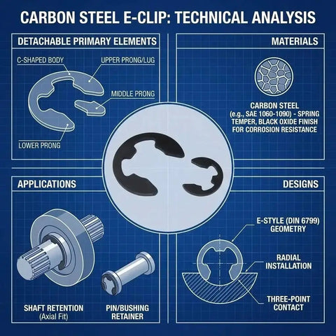 Technical diagram of External Heavy Duty E Clip Retaining Rings For 3mm Shafts, 12mm Outer Diameter, Carbon Steel with Black Oxide Finish
