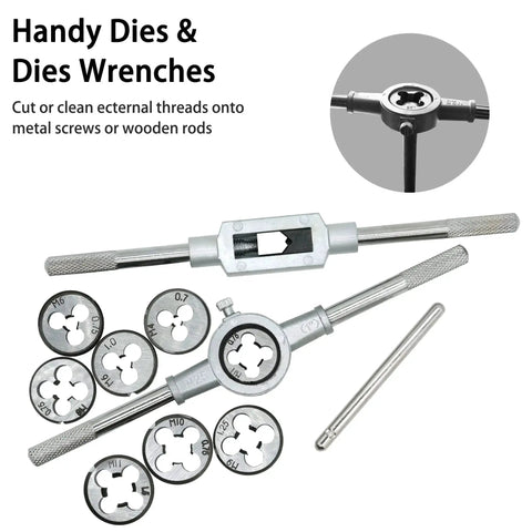 40 Piece Tap And Die Set For Metric Threads M3 To M12 With Adjustable Handles, showing dies and wrenches on display.