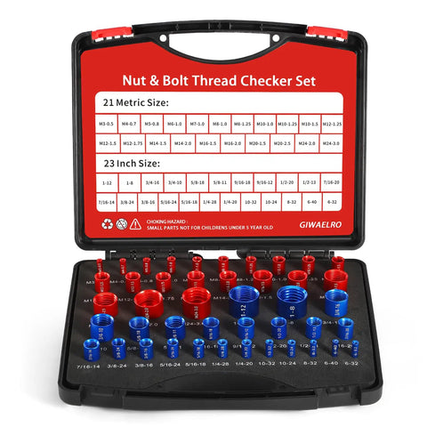Nut And Bolt Thread Gauge Kit 44 Piece Case With Detachable Gauges 23 Inch And 21 Metric Sizes open showing red and blue gauges.