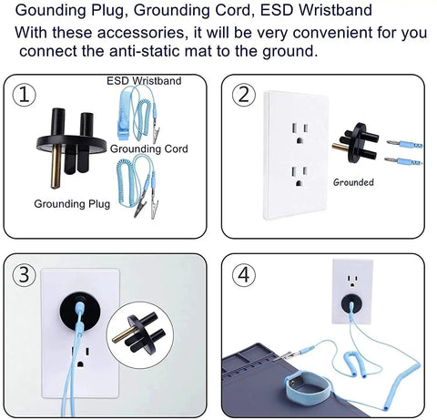 Steps to connect ESD Safe Anti Static Soldering Mat with wrist strap and grounding wire for electronics.