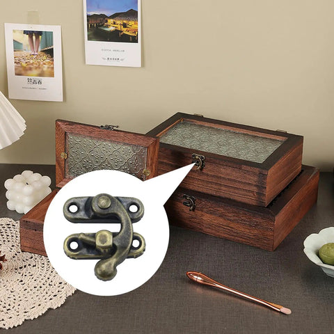 Wooden boxes displayed with inset showing Antique Brass Mini Box Hinges Set For Wood Jewelry Boxes And Gift Boxes Includes 40 Mini Hinges And 20 Right Latch Hasps With Screws Hella Durable Vintage Hardware For Trinket Boxes And Crafts Easy To Install.