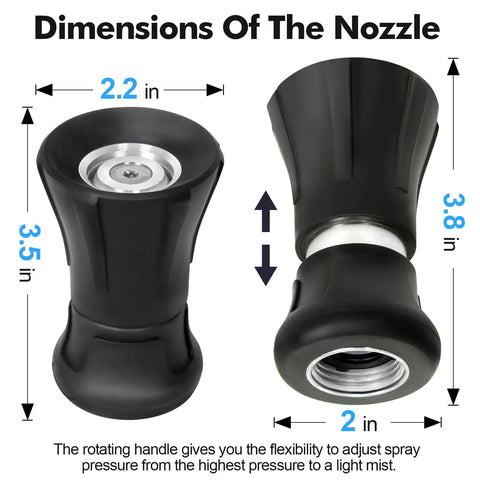 Front and side views of a black rotating-handle garden hose nozzle with metal core and standard fittings; adjustable spray head.