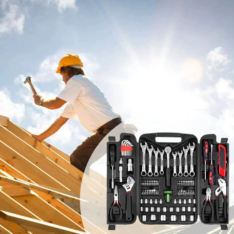 95 Piece Diy Tool Set With Portable Plastic Toolbox And Adjustable Wrench Pliers Socket Bits For Home Garage And Apartment Repairs Everyday Fixes Grab And Go displayed on a roof with a builder using a hammer.