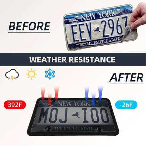 2 Pack Smoked License Plate Covers And Frame Shield Combo For Cars Slick Durable Unbreakable Tinted Cover Bubble Design Plate Holder With Screws And Caps Fits All Standard US Plates Black demonstrating weather resistance benefits.