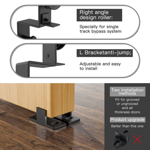 Close-up of 12 Foot Bypass Sliding Barn Door Hardware Kit with right angle roller and L bracket for easy install