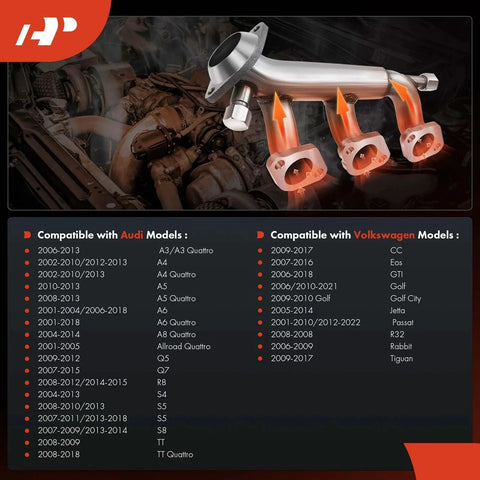 Exhaust system component for Audi and Volkswagen models with compatibility list; includes three outlets.