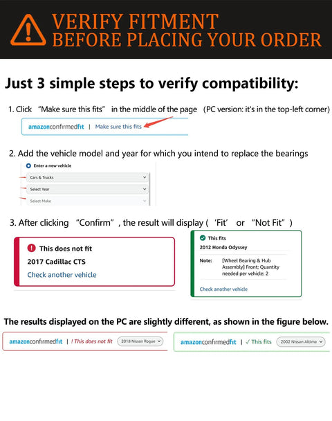 Instructions to verify compatibility for vehicle parts with checkboxes and fitment confirmation example.