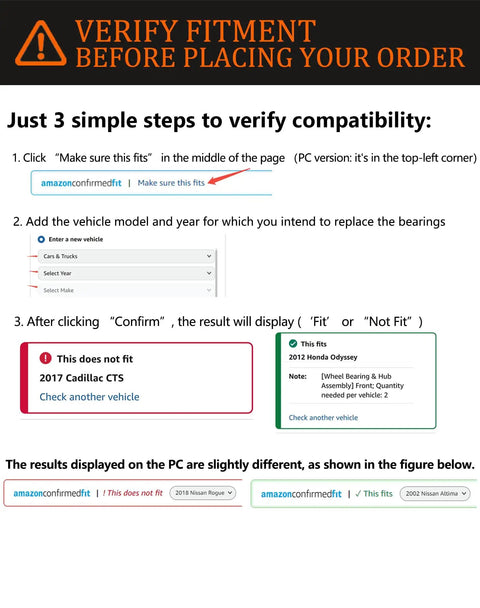 Instructions for verifying fitment before ordering a wheel bearing hub assembly on Amazon, detailing steps for compatibility check.