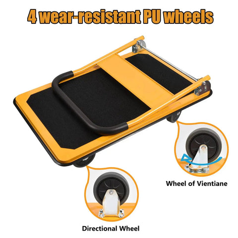Heavy Duty Foldable Platform Truck With 880 Lb Capacity For Large Loads shown folded with 4 PU wheels in yellow.