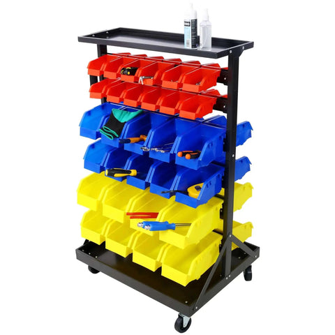 6-Tier Dual-Sided Rolling Bin Rack with heavy duty steel construction and casters, loaded with colorful storage bins.