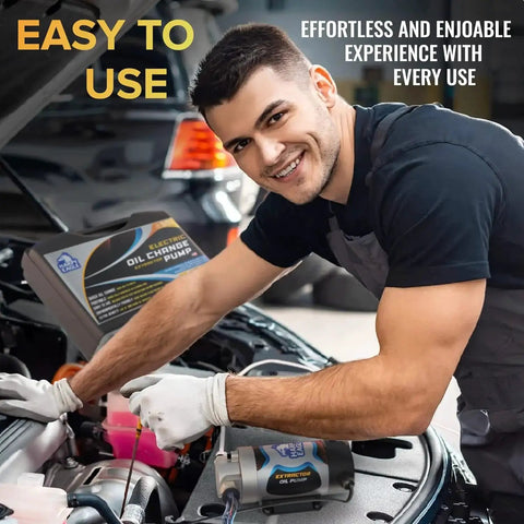 Man using Electric Oil Change Extractor Pump 12 24V 100W Portable For Cars Motorcycles to change car oil, with product box visible.