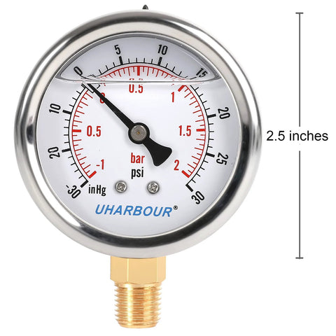 UHARBOUR glycerin-filled vacuum gauge, 2.5 in dial, stainless steel case, brass movement, 1/4 in NPT, dual -30HG/30PSI