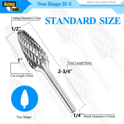 Tree Shape Tungsten Carbide Burr Rotary File For Die Grinder With Double Cut Radius End Ideal For Metalworking And Wood Carving Deburring Porting And Sculpting One Quarter Inch Shank Diameter One Half Inch Cutter Diameter And One Inch Cutter Length, shown with dimensions and tree shape design.
