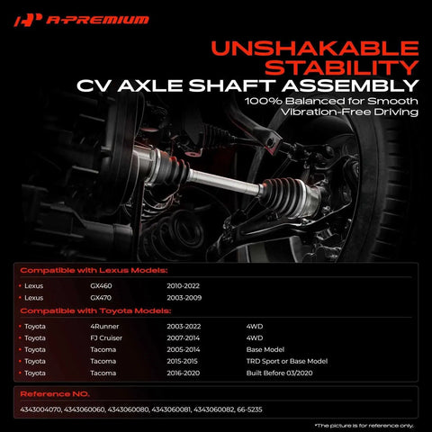 Image showing the installed beefy front CV axle shaft assembly pair for Toyota 4Runner 2003 to 2022 and other models.