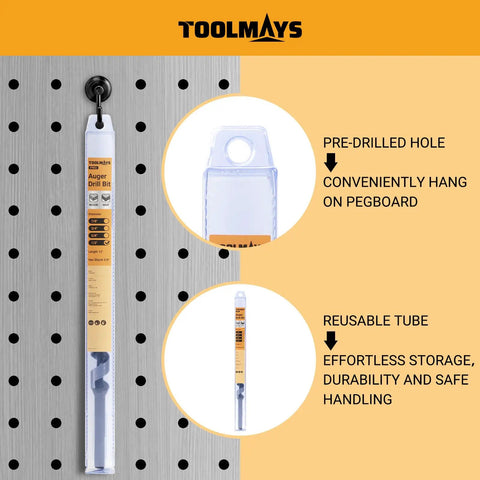 Half Inch By Twelve Inch Auger Drill Bit With Three Eighths Inch Hex Shank For Wood And Drywall Long Auger Bit With Screw Tip, in PVC Tube, hanging on pegboard.