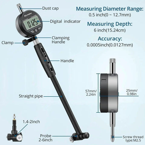 Ultimate Dial Bore Gauge Set For Engine Cylinders By ALLmeter 1.4 To 6 Inch Range 0.0005 Inch Accuracy, digital display, handle.