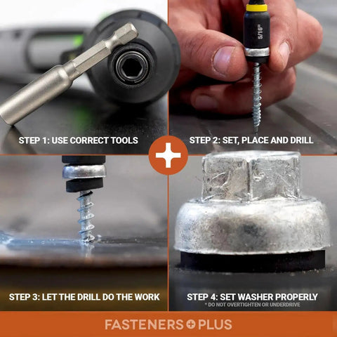 Installation steps for Micro Bit ZXL WoodBinder Self Drilling Screws for metal to wood roofing, showing drilling and washer methods.