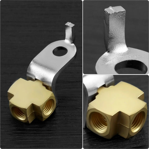 Brass 3-way brake line tee connector with mounting bracket for 3/16 in tubing, inverted flare, 3/8-24 threads, 4 pcs