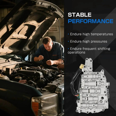 Mechanic installing Transmission Valve Body Replacement For RE0F10A JF011E CVT Solenoid with Stepper Motor in a vehicle engine bay
