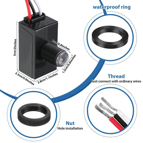Dusk To Dawn Sensor For Outdoor Lighting 120 To 277V Photoelectric Switch with waterproof ring and wiring details