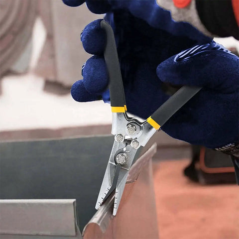 Sheet Metal Seamer Pliers With Non Slip Grip in use, featuring curved jaw and 1/4 inch bend for metal fabrication and roofing projects.
