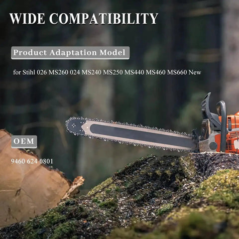 Stihl chainsaw on forest floor showing product adaptation models including 026, MS250, MS240, MS440, wide compatibility emphasized.