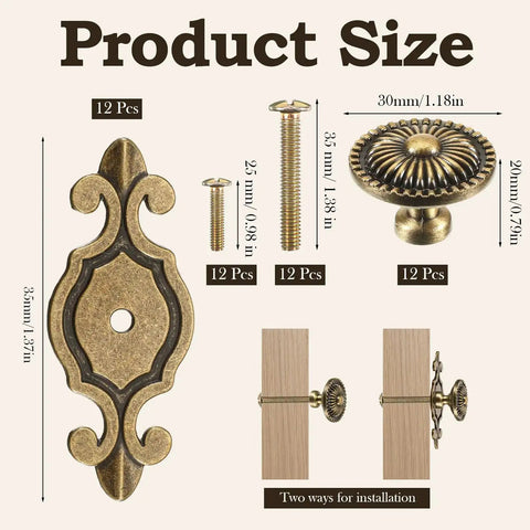 12 Pack Brass Cabinet Knobs With Backplates Antique Vintage Retro Style For Cabinets Drawers Doors Kitchen Cupboard Zinc Alloy Base