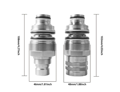 Front view of MIKODA hydraulic flat-face coupler pair, male and female, 46mm and 48mm threaded metal connectors