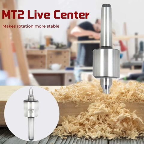 MT2 Live Center For Wood And Metal Lathe With 0.000197 Inch Accuracy 220 LB Load Capacity in workshop with sawdust and tools