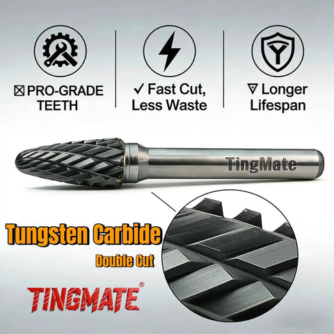 Tungsten Carbide Burr Set Ten Pieces Pro Grade One Quarter Inch Shank Double Cut Double Spiral Groove High Hardness Rotary Die Grinder Bits For Industrial Mold Woodworking Metal And Stone Grinding, featuring double cut design and pro-grade teeth for fast cutting and longer lifespan.