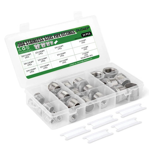 TAISHER 24-piece 304 stainless steel reducer hex bushing fittings kit in clear plastic case
