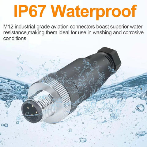 10 Pack M12 4 Pin Aviation Connector A Code Male IP67 Waterproof Plug shown in water, highlighting its waterproof feature