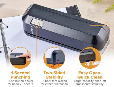 Electric 3 Hole Punch For Office Use Workhorse Dual Paper Loading From Top Or Front Heavy Duty Jam Free Performance 20 Sheet Capacity