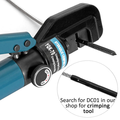 Close-up of hydraulic crimping tool with cable from Black T316 Stainless Steel Cable Railing Kit With 20 Swage Lag Screws Left And Right Hand Thread For Wood Posts One Eighth Inch Cable Deck And Stair Railing DIY Baluster Kit Wrench Included