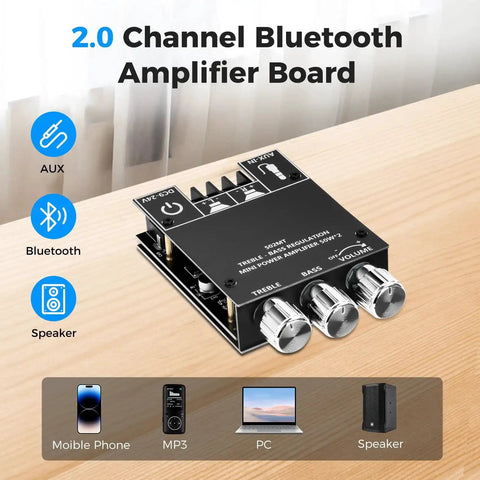 Compact 50W Per Channel Bluetooth Amplifier Board With Bass And Treble Control, showing AUX and Bluetooth inputs for DIY speaker projects.