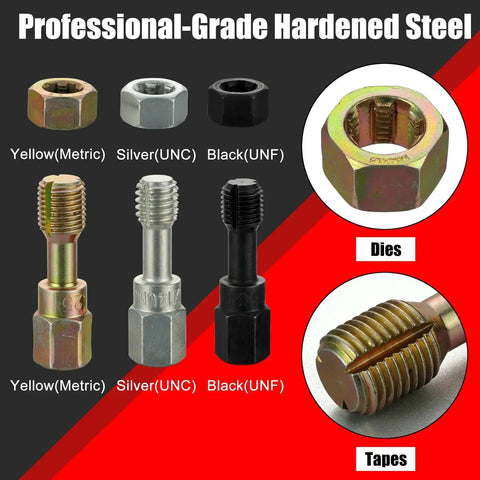 61 Piece Thread Chaser Set For Rethreading And Bolt Repair Pro Grade, SAE And Metric Taps Dies, Thread Files And Pitch Gauges, Restore Rusted Threads Without Replacing Bolts, Perfect For Home Mechanics And DIY Buffs with various colored metric taps and dies