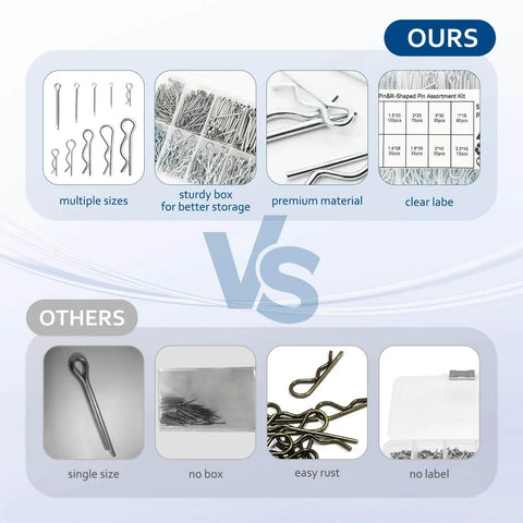 Comparison of 558 Piece Cotter Pin Set With 10 Sizes In 304 Stainless Steel R Clips And Hairpin Pins with others, showing quality differences.