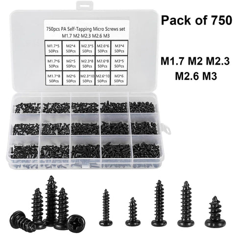750 Piece Self Tapping Screws Set M1.7 Through M3 Phillips Pan Head Cross Recessed Carbon Steel Black for DIY Electronics