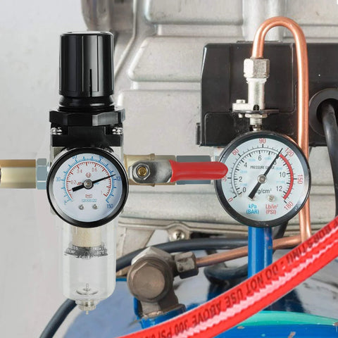 Air compressor filter regulator combo with clear water/oil separator bowl, 1/4 in, black knob, and pressure gauge.