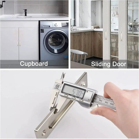 Rectangular Recessed Sliding Door Pulls 2 Piece Brushed Steel Flush Pulls with measurement calipers, cupboard and sliding door use