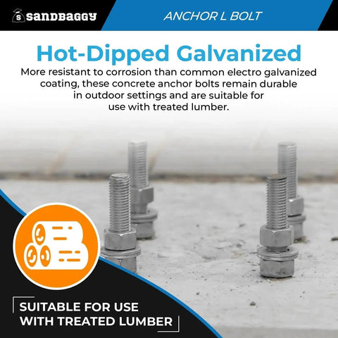 Half Inch By Ten Inch Threaded Concrete Anchor L Bolts With Nuts And Washers Included Hot Dipped Galvanized For Sill Plate Base Plate Installations Masonry Wood Cement Anchors J Bolt Set 100 displayed on concrete surface.