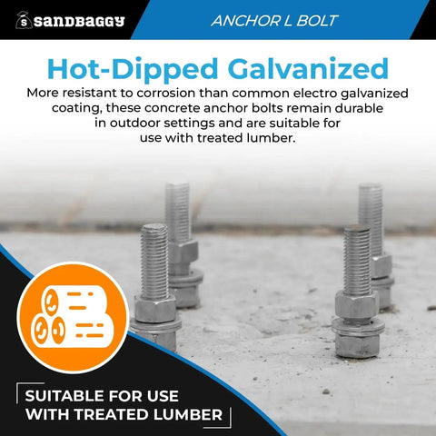 Heavy Duty Five Eighths Inch Threaded Concrete Anchor L Bolts For Base Plate And Sill Plate Installations In Masonry And Wood Sixteen Inch Length Built To Last Hot Dipped Galvanized With Nuts And Washers Included For Cement Foundations, shown installed in concrete
