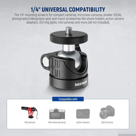 Budget Friendly Compact Mini Ball Head For Tripods And Mounts With One Quarter Inch Screw, 360 Swivel And 90 Tilt, universal compatibility