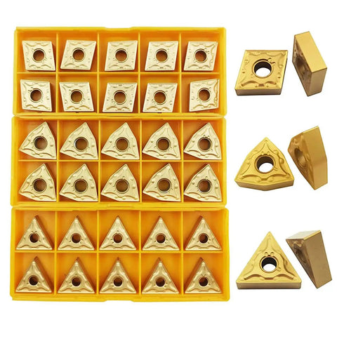 Close-up of 36 Piece Five Eighth Inch Indexable Carbide Lathe Turning Tool Holder Set With MTJNR1616H16 MWLNR1616H08 MCLNR1616H12 And CNMG 431 WNMG 431 TNMG 331 Insert Blades For Pro Grade Metalworking showing carbide inserts