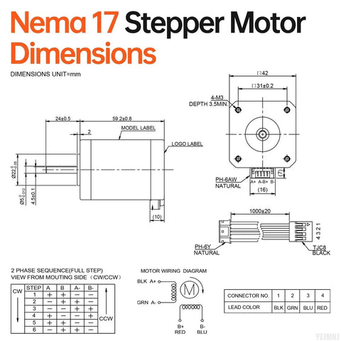 High Torque Nema 17 Stepper Motor 2 Phase 1.8 Degree 0.84Nm Bipolar dimensions and wiring diagram