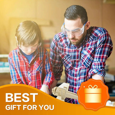 Father and son in plaid shirts using tools in a workshop, suggesting a DIY gift idea, with 'Best Gift for You' text overlay.