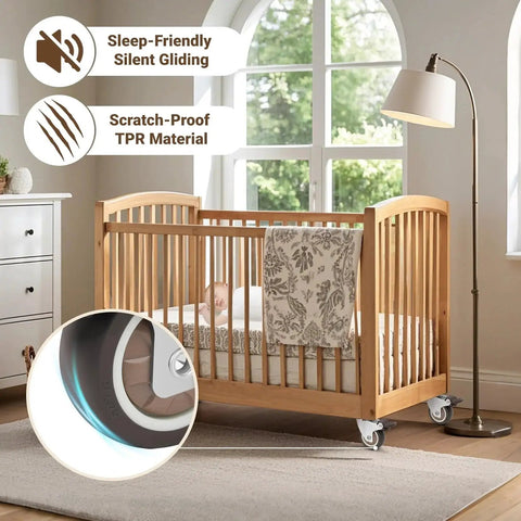 Silent 2 Inch Rubber Caster Wheels With Brakes For Furniture And Equipment on crib, showing floor-friendly TPR material.