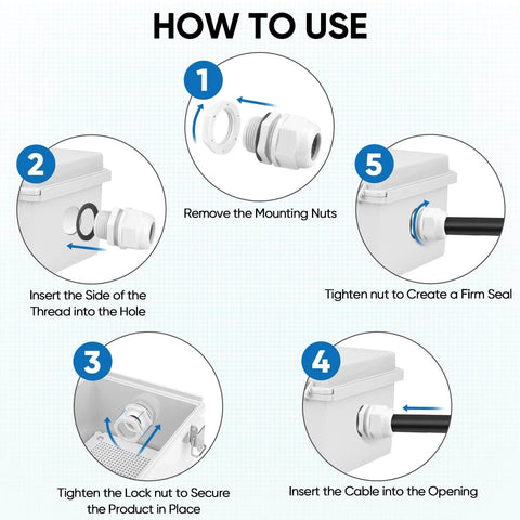 Installation guide for IP68 Waterproof Cable Gland Kit, Nylon NPT Adjustable Cable Seals, for rugged outdoor junction boxes and panels.